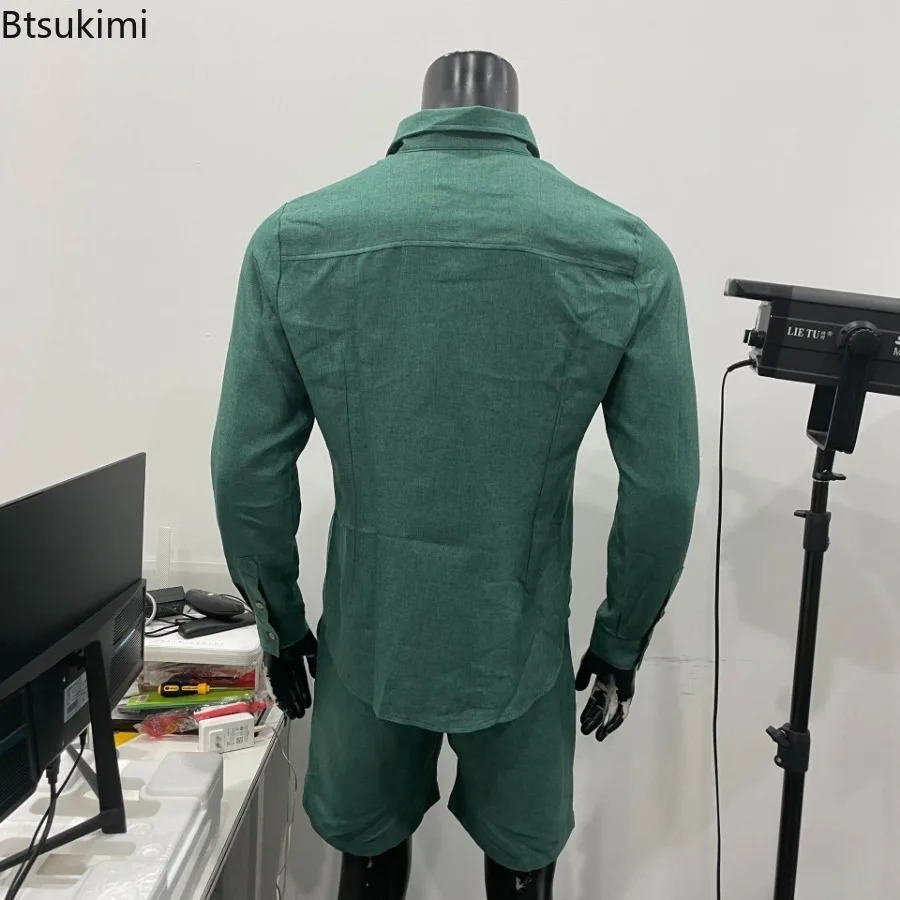 Fashion Streetwear Mens Summer Comfy Cotton Linen Casual Suit Long-sleeved Shirt and Shorts Two-pieces Men Vacation Outfit 250318