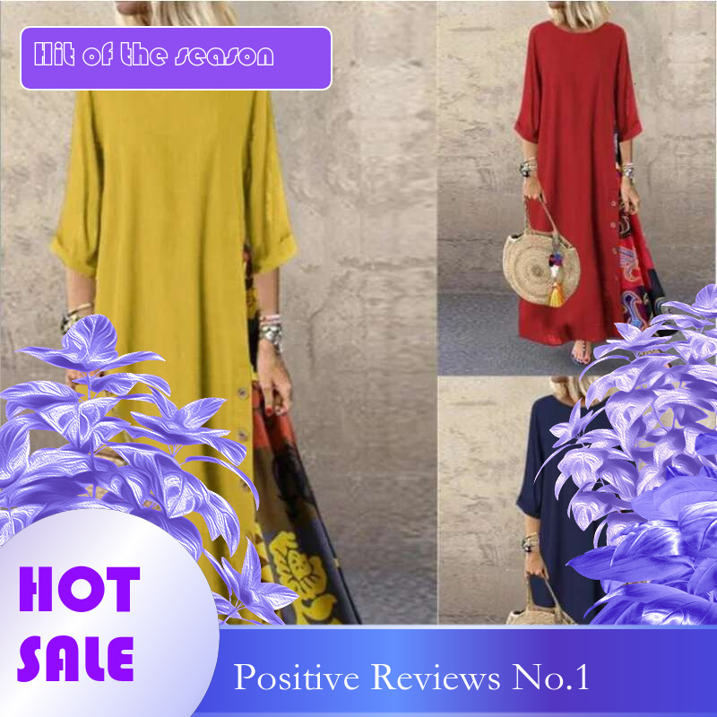 Dongdumaoyi Herfst Retro Bloemen Ronde Hals Kleurblok Knop Patchwork Mouw Damesmode Jurk A