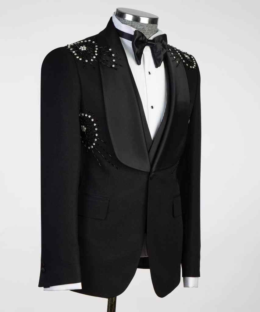 Exquisite New Fashion One Piece Black Spring Summer Men Suits Set Blazer With Shawl Lapel Beads Sequins Customized Groom Wedding Tuxedo Formal Prom Ja