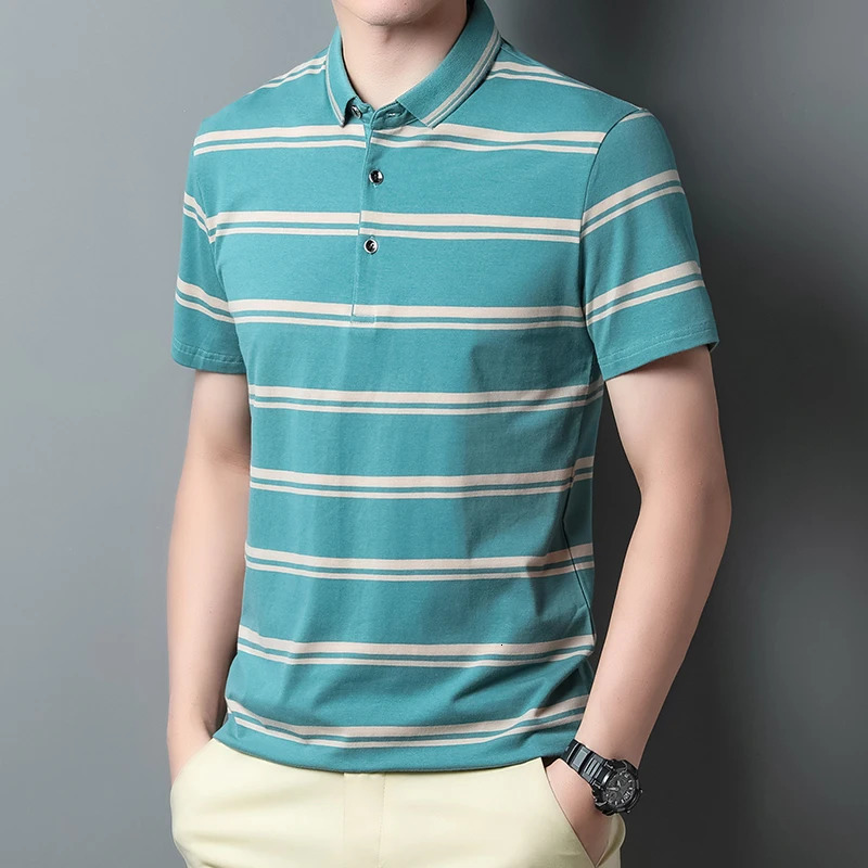 Summer mens polo shirt pure cotton short sleeved T-shirt thin striped business casual breathable pleated top 250321