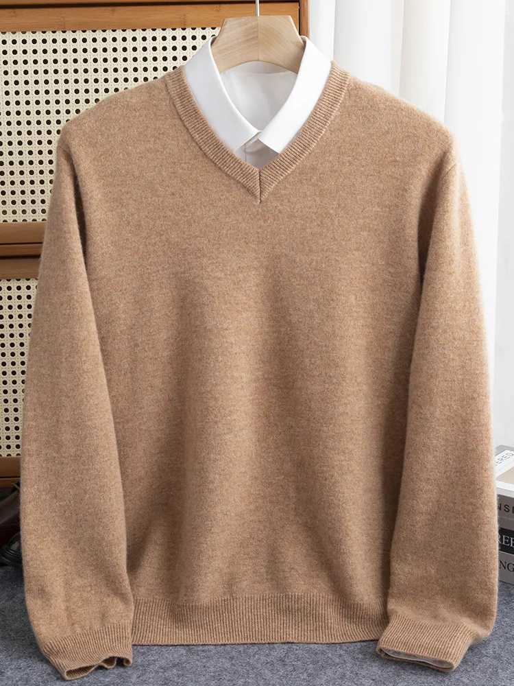 2024 Autumn Mens Cashmere Sweater V-neck Lanhua 00% Merino Wool Thick Knitted Soft Knitted Casual Fashion Top W250322