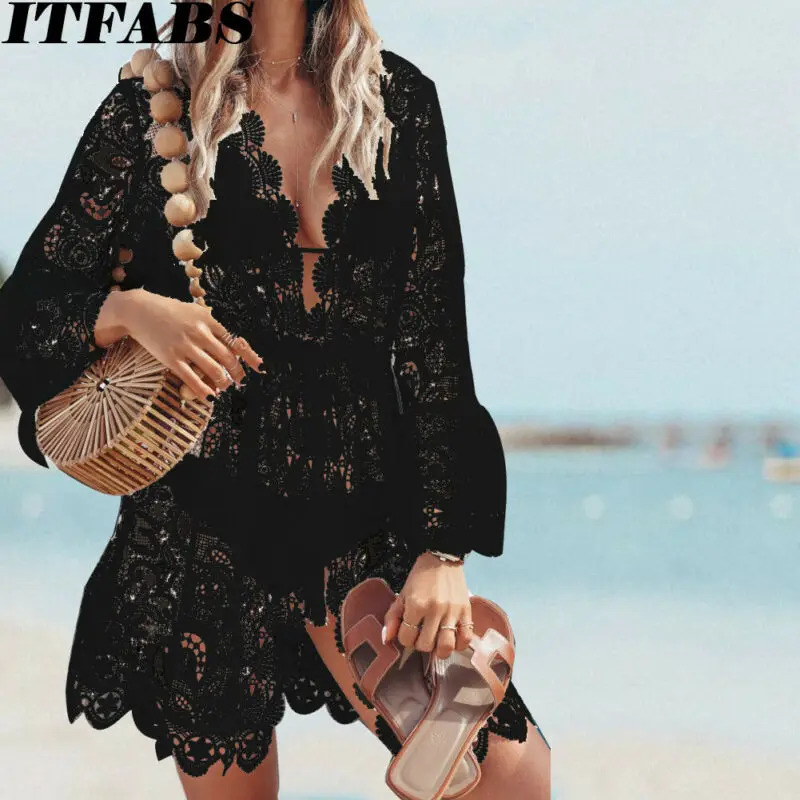 Women Boho V-Neck Lace Dress Bikini Mini Set Crochet Print Knit Beach Swimwear Cover Up Flared Ruffles Long Sleeve Sundress250319