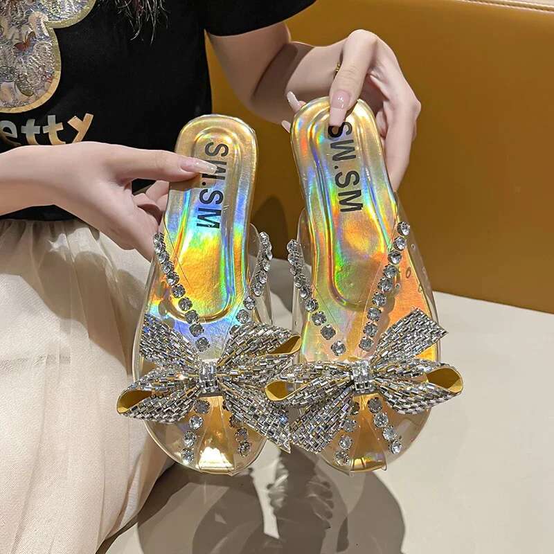 Bow Crystal Women's Slippers 2025 New Fashion Flat Shoes Sandals Elegant Formal Shoes Designer Women's Summer Slippers Women's Outdoor 