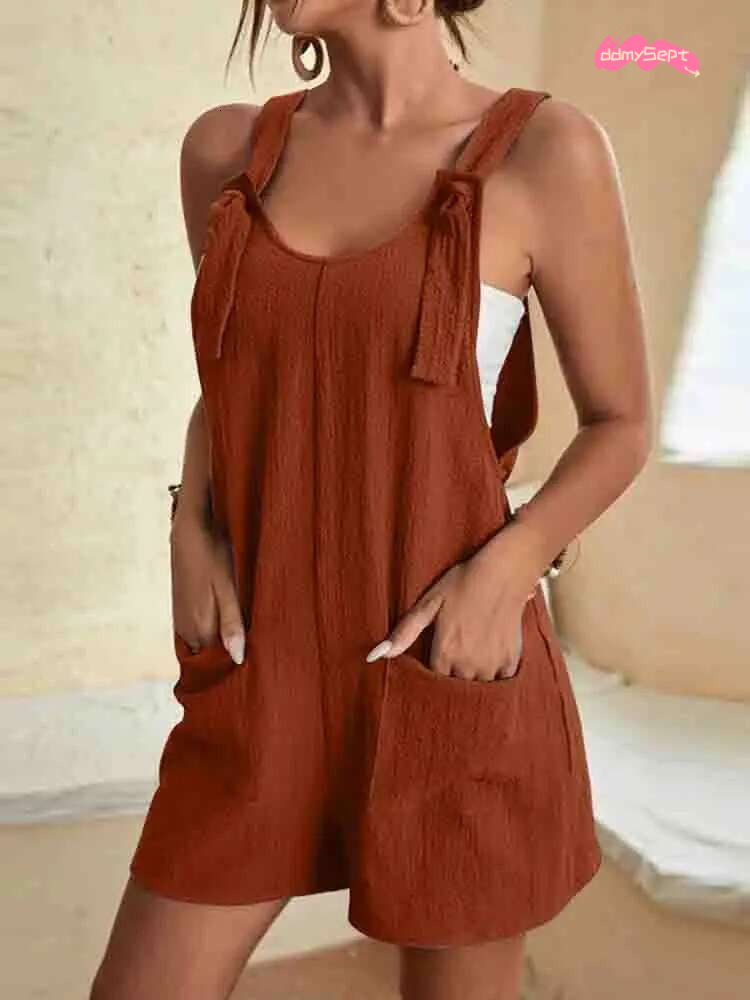 Women's Casual Summer Short Rompers Overalls 2024 Loose Sleeveless Tie Knot Strap Jumpsuits with Pockets ddmySept