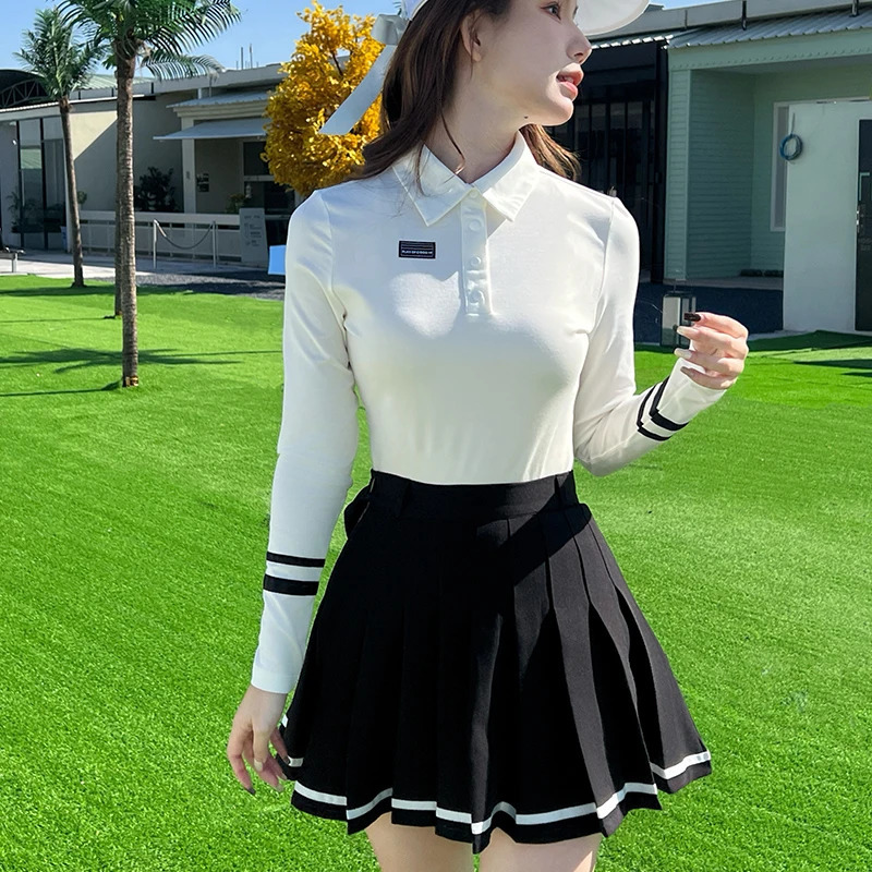 2025 Golf Women Clothing Striped Long Sleeve Shirts Button Collar Sports Tops Spring Pleated Short Skirt Set Korean Tennis Skort 250321