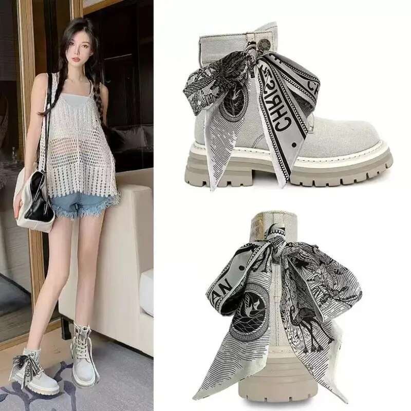 2025 New Women's Summer Collection Thick Bottom Cowboy Bow Tie Ankle Boots Designer Fashion Style Enhancement Anti slip Canvas Shoes Trendy Casua