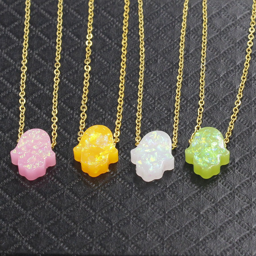 New Gold Synthetic Opal Hand Lucky Palm Opal Stone Fresh Candy 9-Color Pendant Necklace241112