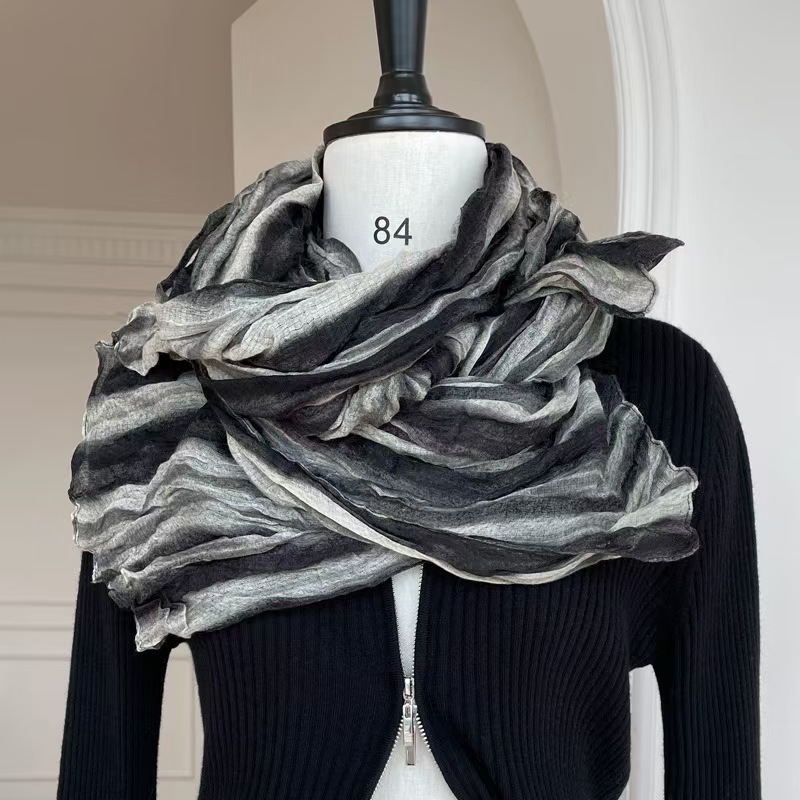 T333 pleated striped cotton scarf shawl women's spring and autumn gray all-match long scarf men and women neutral
