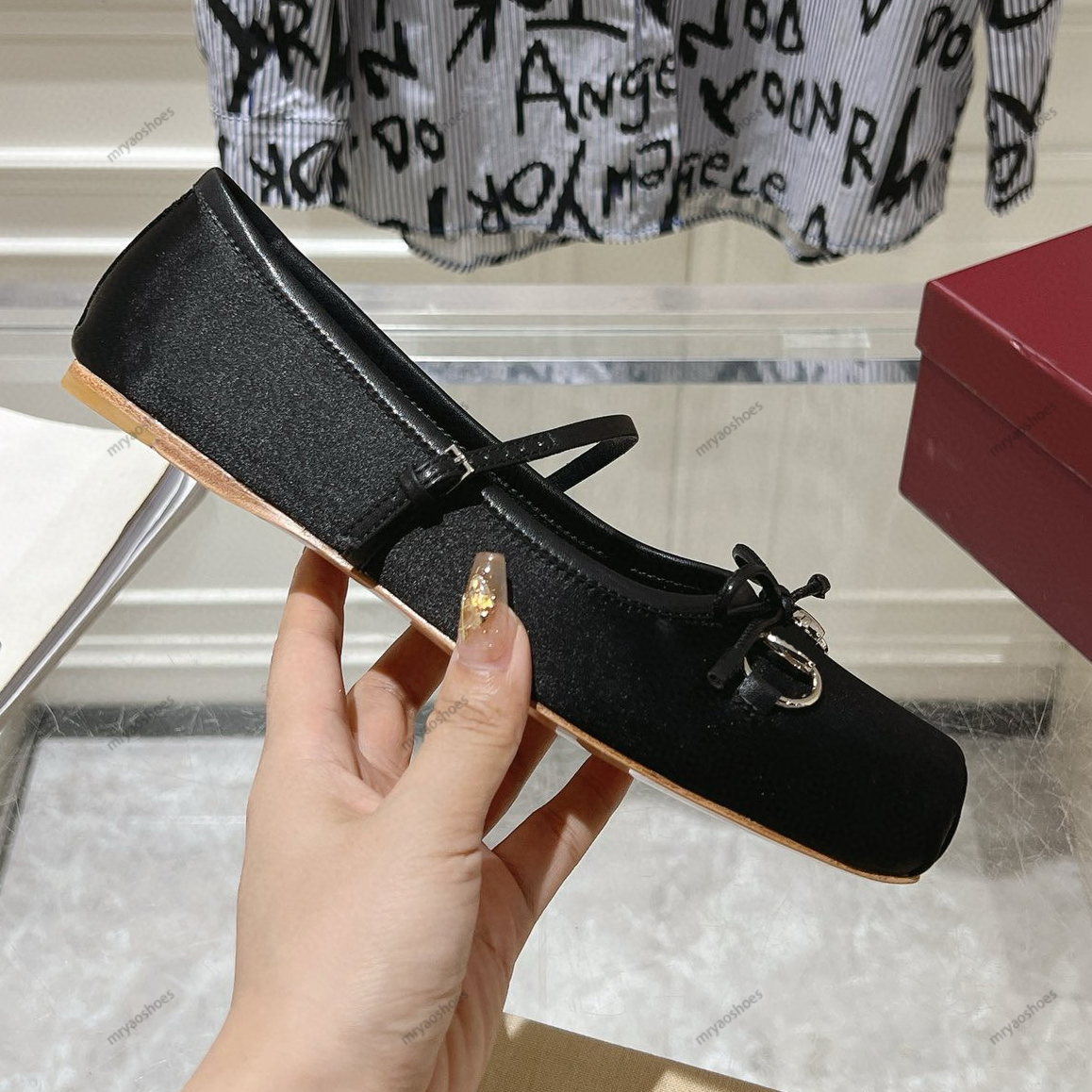 Newest Designer Women Dress Shoes Casual shoes Ballet Printed bow Flats Pleated Genuine Leather Micro Suede Buckle Strap Square Toes Shoe Size 35-42 With Box 10A