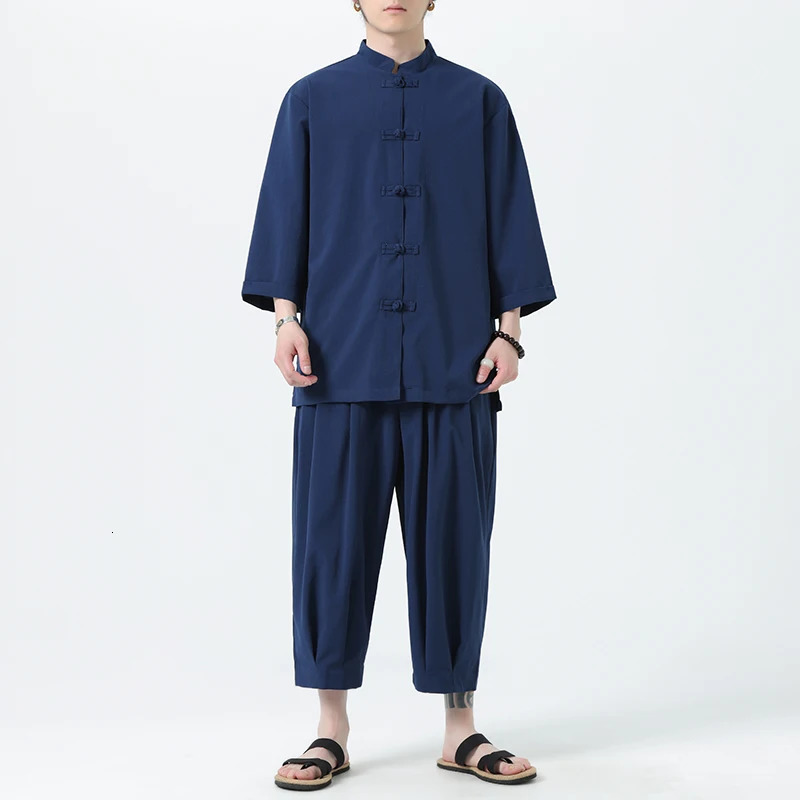 Summer cotton linen shirt set for mens casual outdoor 2-piece set and family clothing with pants 2-piece beach short sleeved set 250318