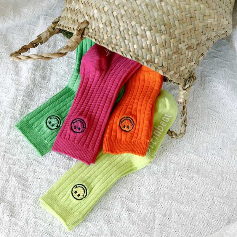 Childrens cotton short socks solid color fluorescent fashionable socks striped smile cute baby feet wearing breathable X2503221