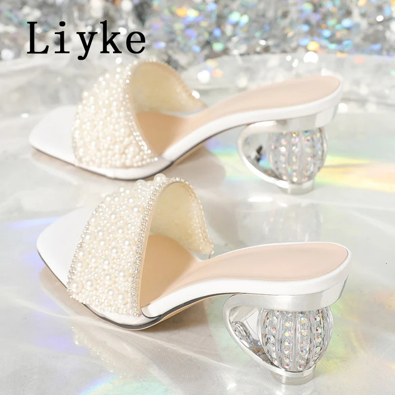 Liyke Size 36-42 Women Summer Party Slippers Fashion White Pearl Sandals Female Shoes Strange High Heels Mules Slides 250321