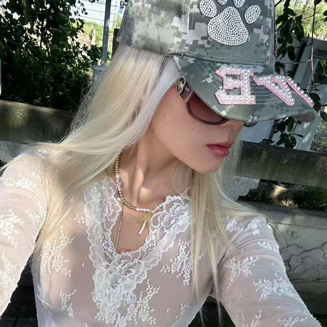 Womens Y2K accessory hat womens retro hat Y2K baseball hat funny camouflage hat 250320
