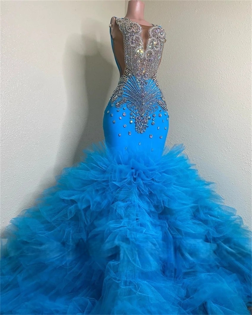 Luxurious Blue Crystal Beaded Mermaid Prom Dresses Ruffles Tiered Long Evening Gowns Sheer Jewel Neck Sleeveless Pageant Party Dress For Black Girls 2
