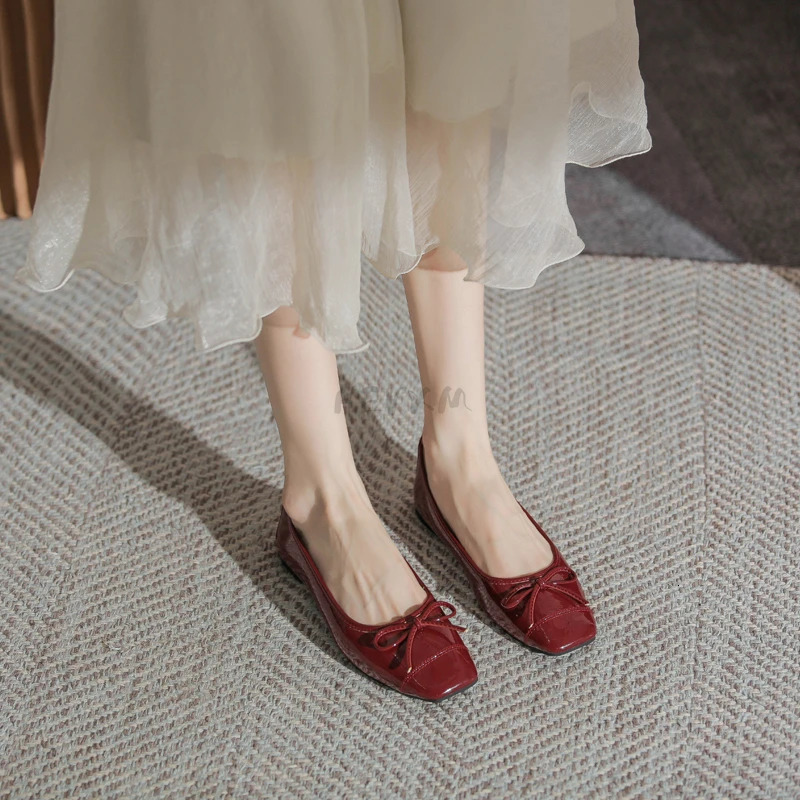 Retro Bowknot Patent Leather Womens Ballet Flats Shoes Autumn Slip on Flat Casual Shoes Round Toe Thick Heels Wine Red Loafer 250322