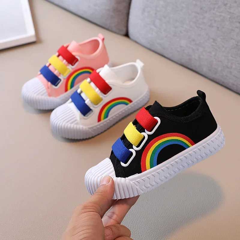 Childrens canvas shoes for boys and girls hook ring flat rainbow shoes childrens sports running for boys spring and autumn breathable casual shoes for