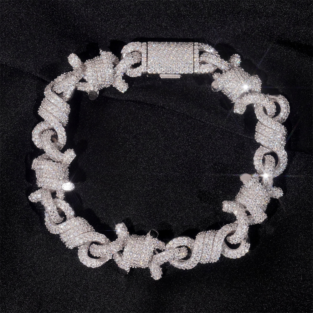 New 8-character 15mm Fried Dough Twists Cuban bracelet 925 silver vvs Mo Sang stone jewelry for men and women