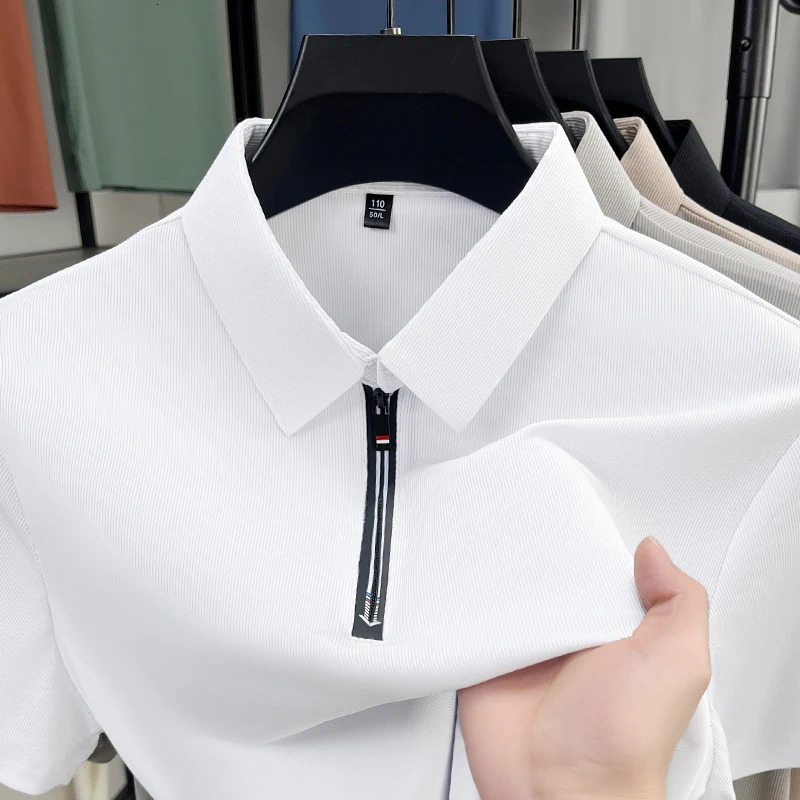 2025 mens solid color polo shirt short sleeved zipper summer lightweight street clothing breathable top 250322