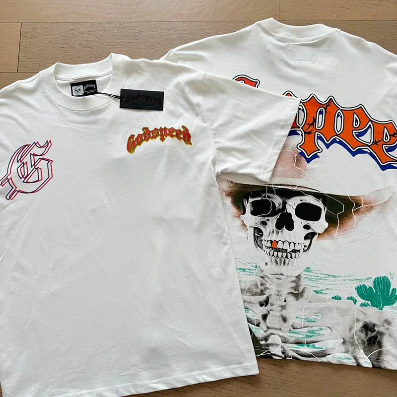 Godspeed short sleeved mens unisex abstract color skull print Godspeed retro style fashionable streetwear cotton T-shirt 250321