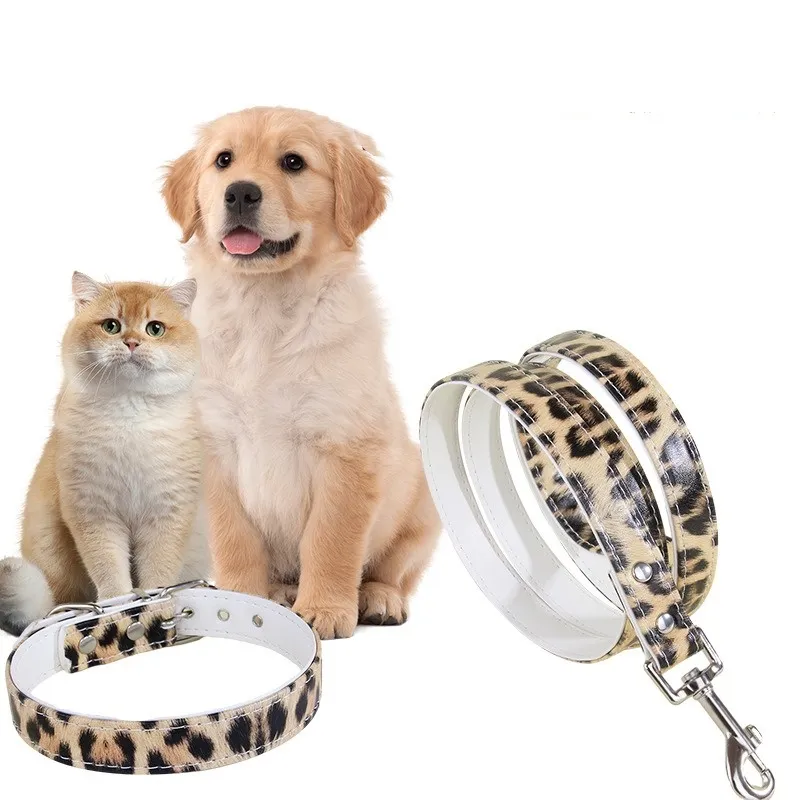 Leopard Print Leather Pet Collar Dog Chest Back Leash Adjustable Fashion Dog Collar Cat Collar Pet Supplies