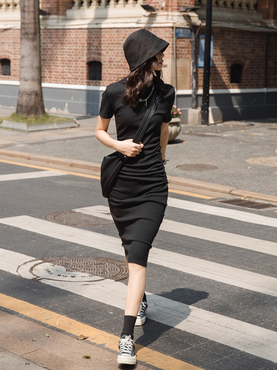 JA27130 A3 High quality age-reducing drawstring waist dress for women 2025 summer new pure cotton slim fit short sleeves