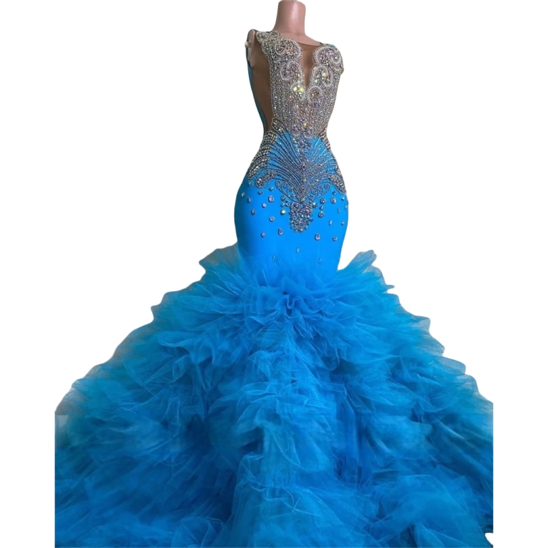 Luxurious Blue Crystal Beaded Mermaid Prom Dresses Ruffles Tiered Long Evening Gowns Sheer Jewel Neck Sleeveless Pageant Party Dress For Black Girls 2