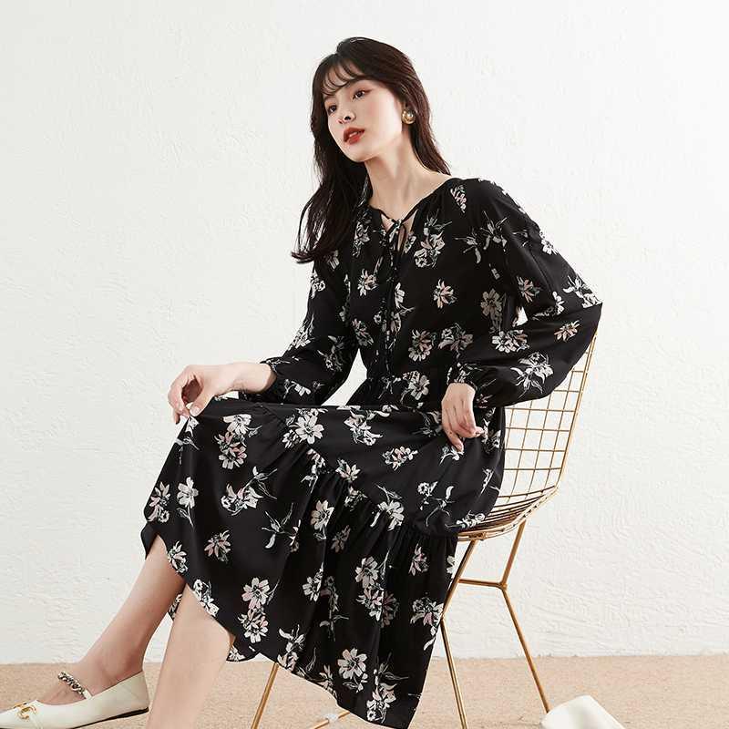 D205 Light luxury lady temperament long sleeve printed floral dress