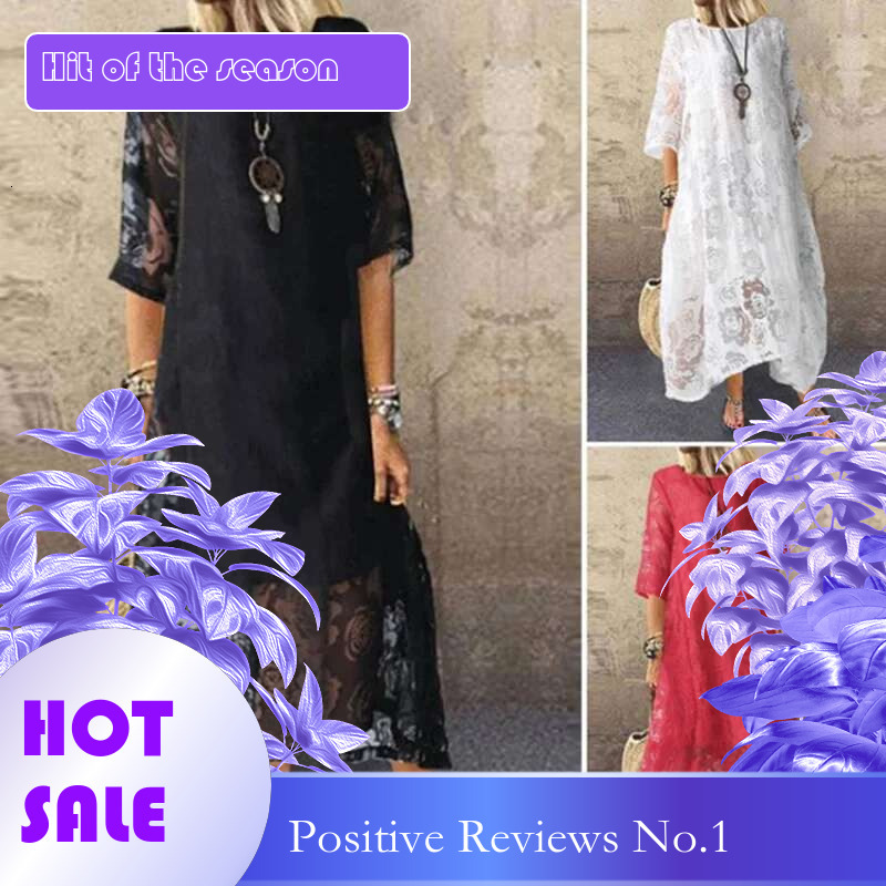 Dongdumaoyi Zomer Damesmode Nieuwe Hot Ronde Hals Korte Mouw Kant Lange Casual Damesjurk