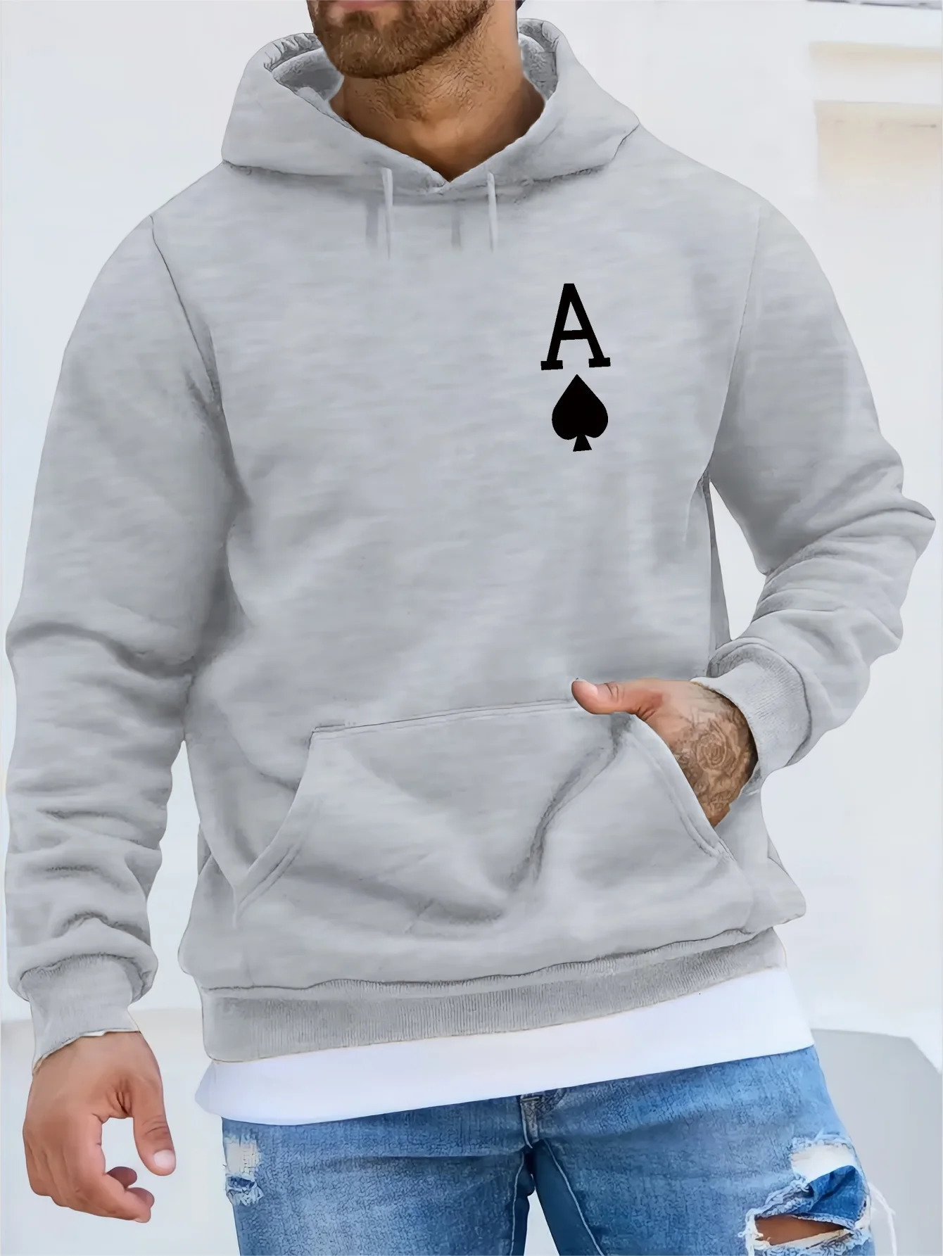 2025 Autumn Winter Pullover for Men Hoodie Graphic Casual Sweatshirt with Kangaroo Pocket Cool Poker Spade A Long Sleeve 250322