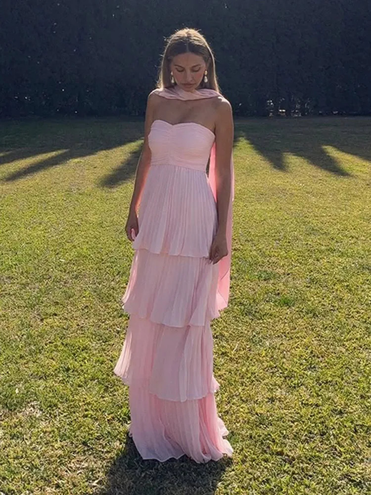 chic pink scarf long sleeved vest elegant strapless ultrathin pleated cake Maxi dress womens party club robe 250321