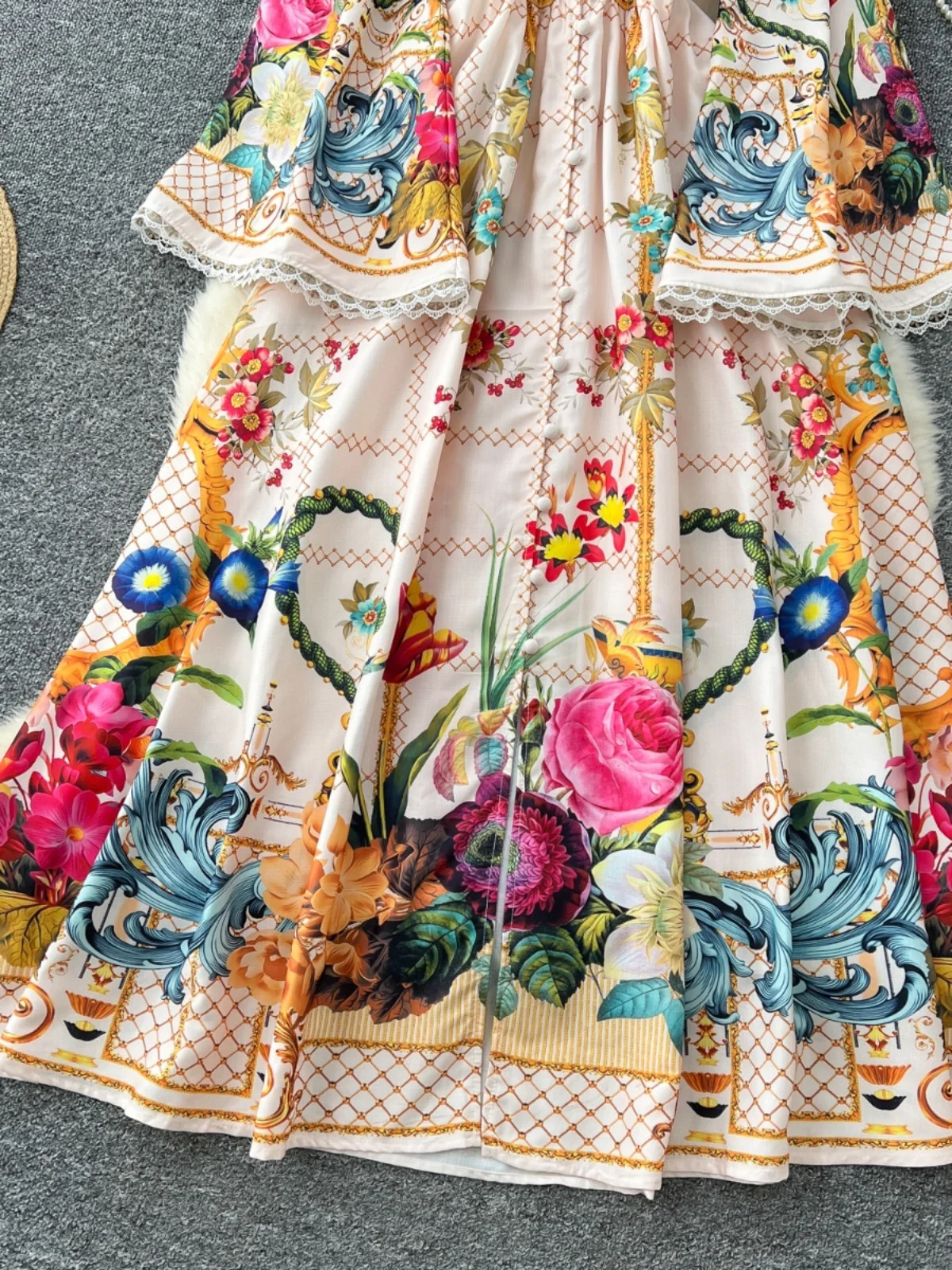 Elegant Floral Long Maxi Dresses Shirt Women Lantern Full Sleeve National Trench Print Single Breasted Lace Neck Party Vestidos 250322