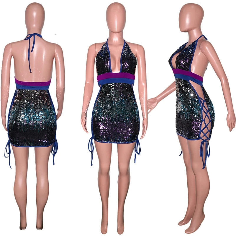 Sexy sequin birthday dress womens party night glitter body mini summer side lace hollow backless nightclub 250320