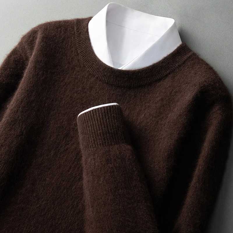 Mens 100% mink cashmere sweater loose autumn winter youth solid color long sleeved zipper round neck knitted bottom sweater W250322