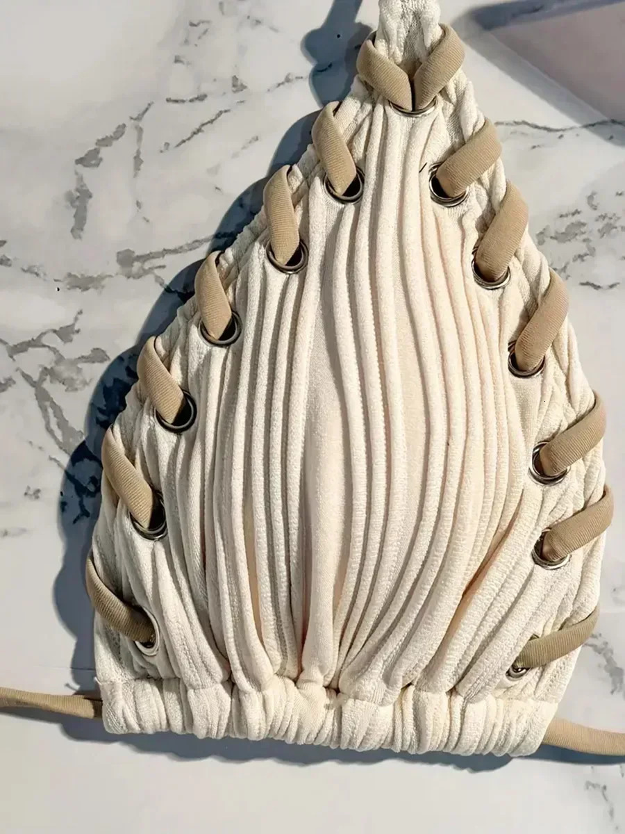 2025 Halter Wrinkled Weave Bikini Women Swimwear Female Swimsuit Two Pieces Bikini Set Brazilian Bathing Suit Swim Beach Wear 250317