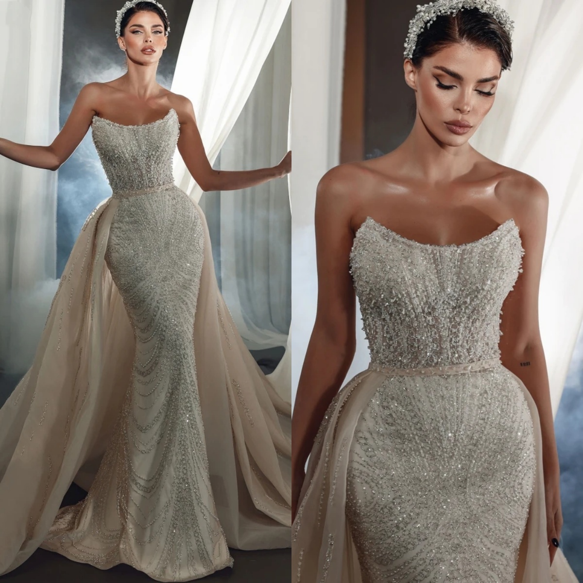 Mermaid Wedding Dress Strapless Sleeveless Bridal Gowns Sequins Beaded Detachable Train Dresses Custom Made vestidos de novia