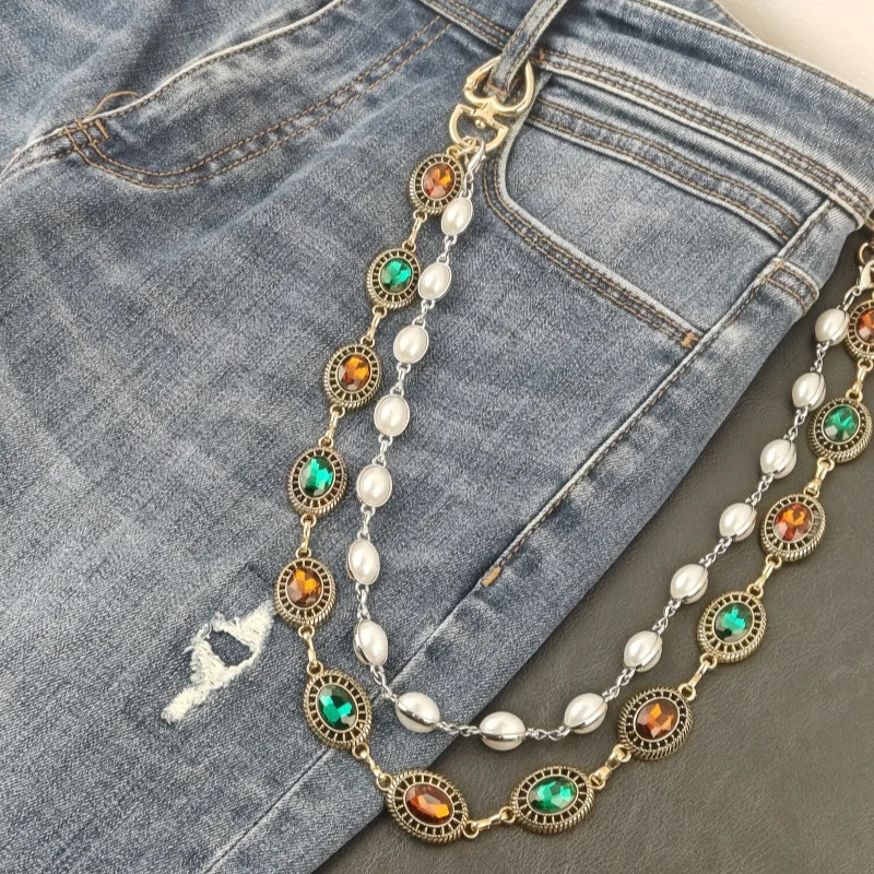 Original Retro Agate Pearl Pants Chain Fashion Mens and Womens One Waist Accessories Minimalist Jewelry Keychain Gift 250319