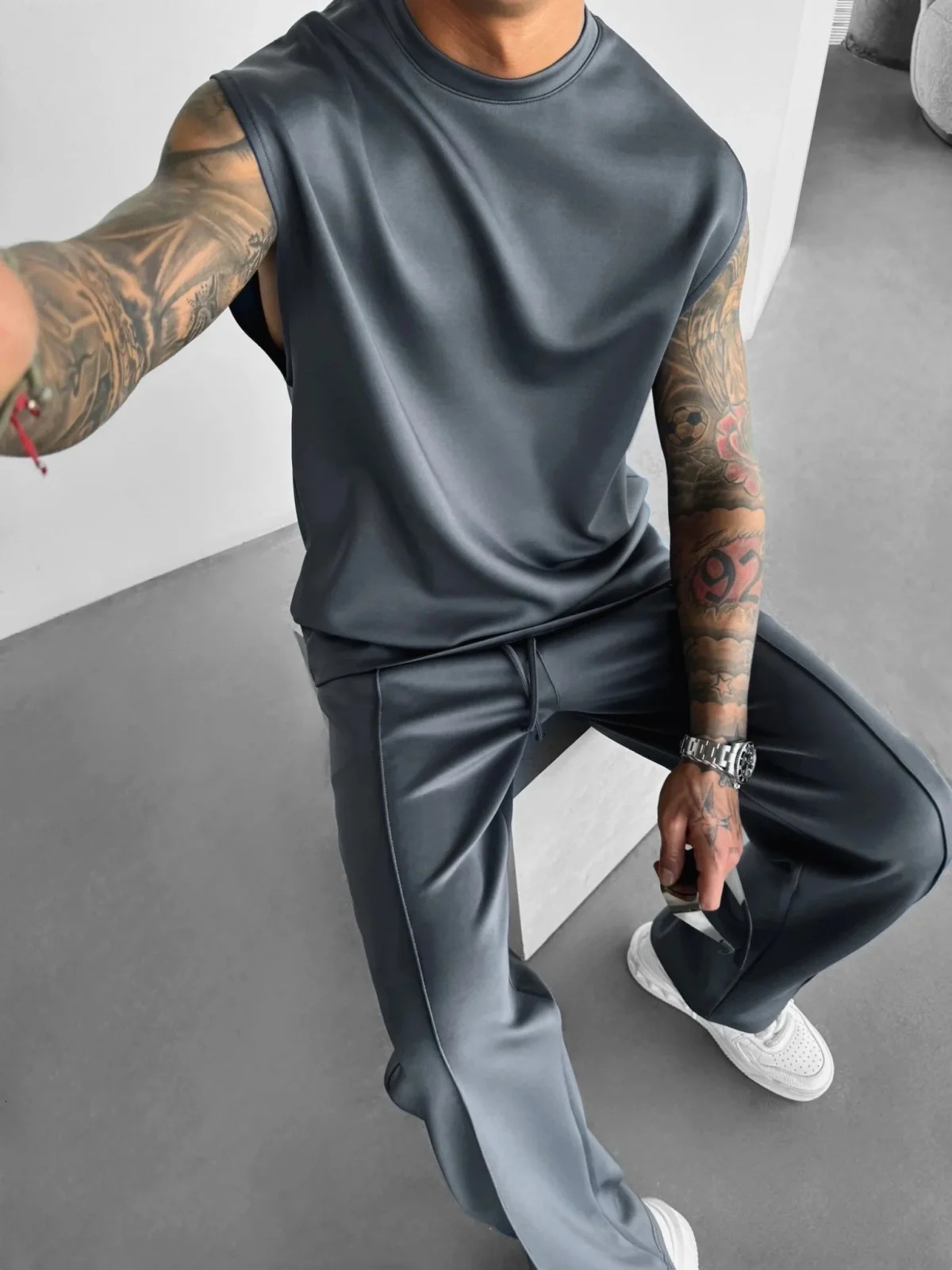 Summer mens sports fashion casual pants vest set loose sleeveless T-shirt solid color set 250318