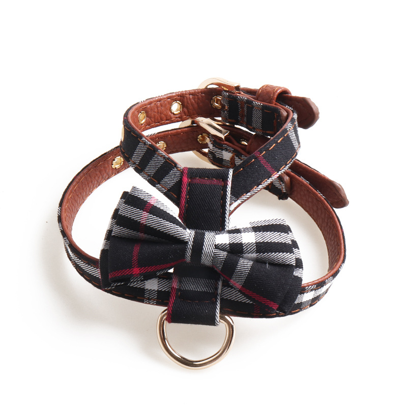 New Product K-shaped Bowknot Dog Harness Set with Two Adjustable Metal Buckles Portable Small Dog Harness, PU Leather Classic Plaid Puppy Harness and 