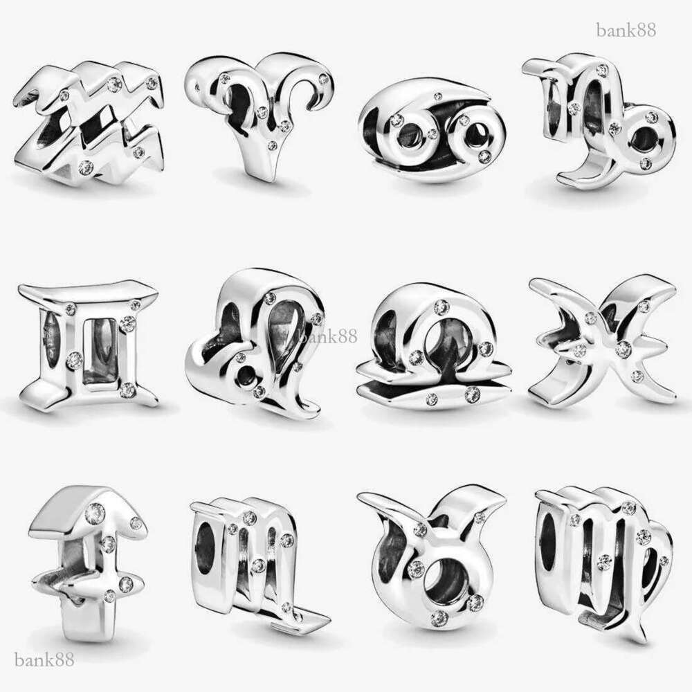 Authentic 925 Silver Beads Bracelets Sparkling Zodiac Charm Slide Bead Charms Fits European Style Jewelry Bracelets Murano