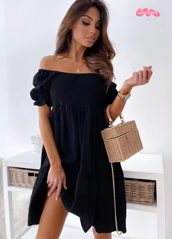 2025 Spring Summer Women's Casual Off-Shoulder Dress with Ruching, Bubble Sleeves, Midi-Length, Stretchy, Elegant Ruffles ddmySept