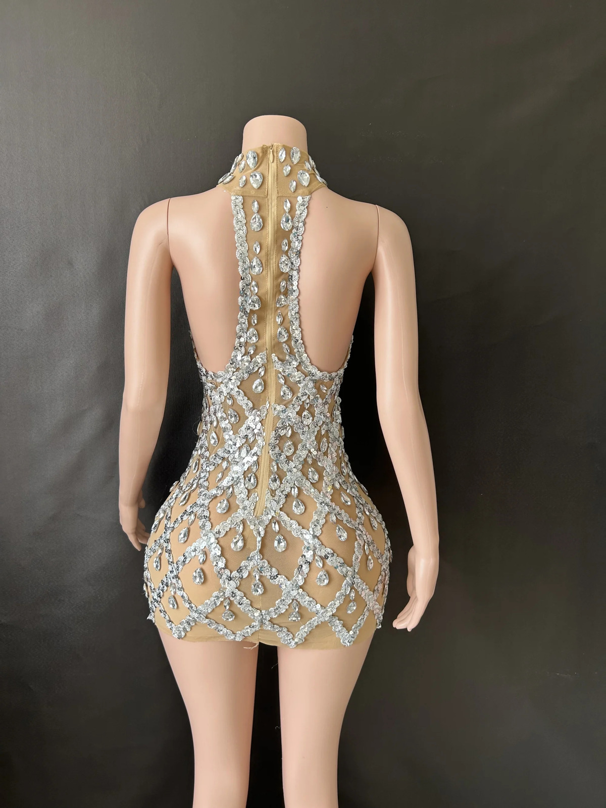 Womens sexy stage sparkling rhinestone sequin dress evening dance party birthday transparent performance singer club host 7G w250320
