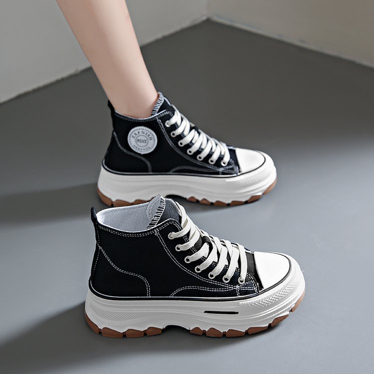 Spring new muffin thick soled canvas shoes high top color matching lace-up single shoes collegiate style casual sports shoes women 2025s hot
