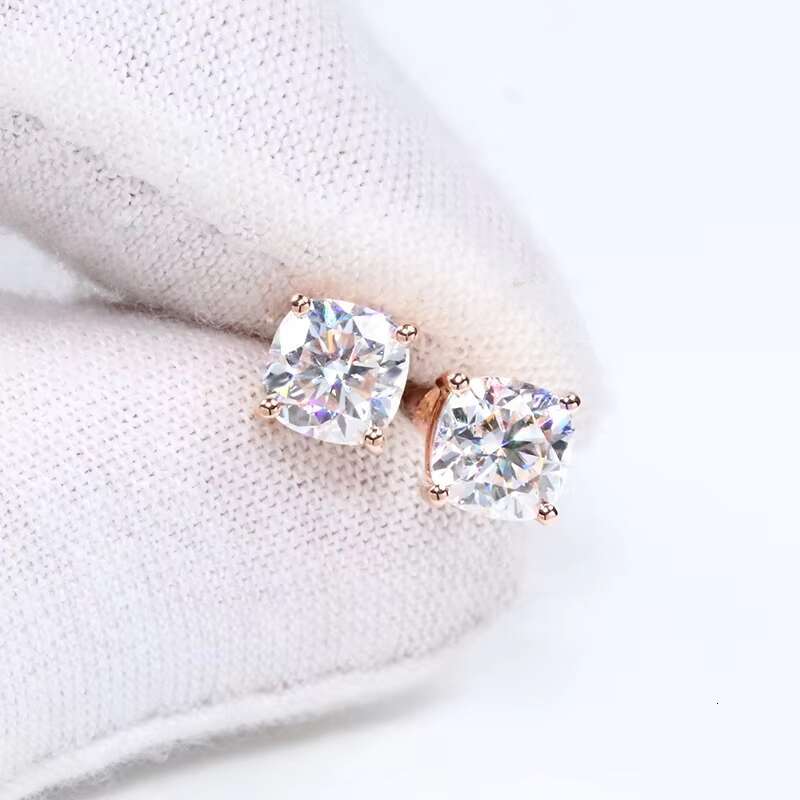 Fine14K Solid Jewelry 6mm 1ct Version Total 2 Carat Per Pair Cushion Cut Rose Gold Moissanite Studs Earrings