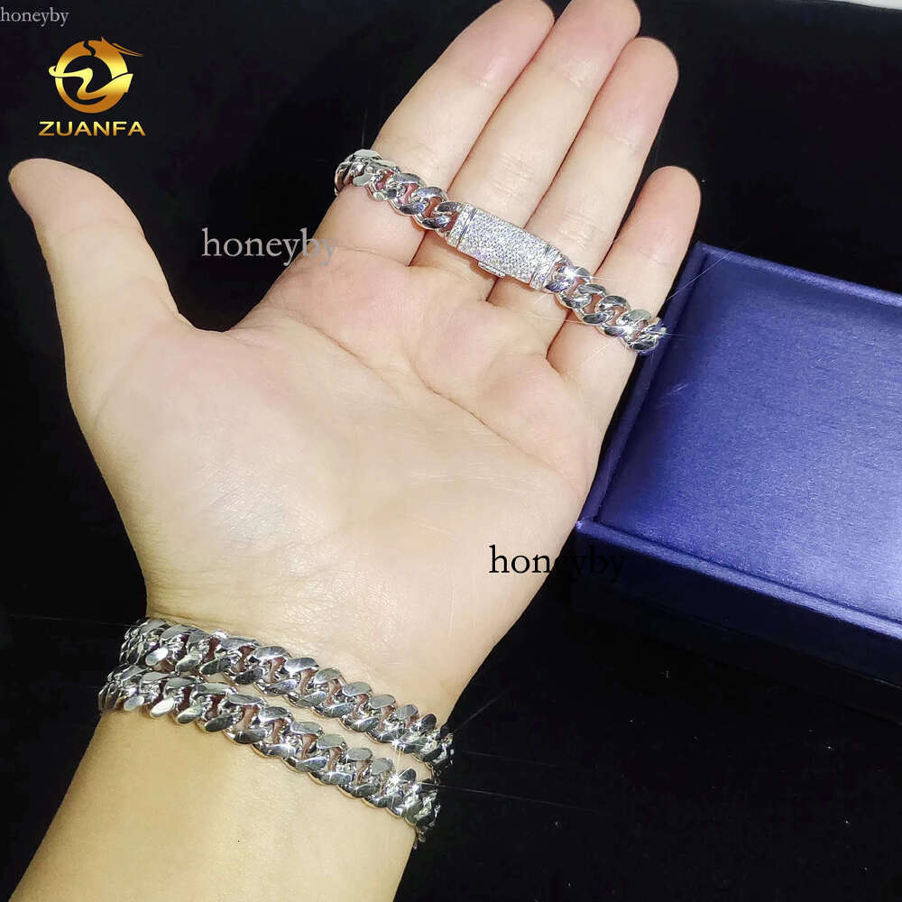 Zuanfa VVS Moissanite Dia Clasp 8mm Wide Solid Sier Cuban Chain White Gold Plated Mens Hip Hop Fashion Necklace Bracelet