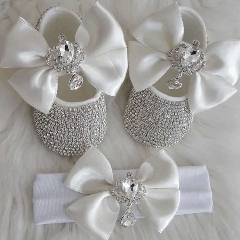 Dollbling Ivory Baby Shoes Headband Set Bling Luxury Diamond Rhintones Red Bottom Little Girl Baptist Shoes X250322
