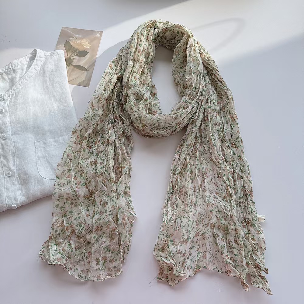 T336 Artistic Pleated Floral Cotton and Linen Scarf Women's Four Seasons Soft Retro All-match Warm Shawl Neck Scarf