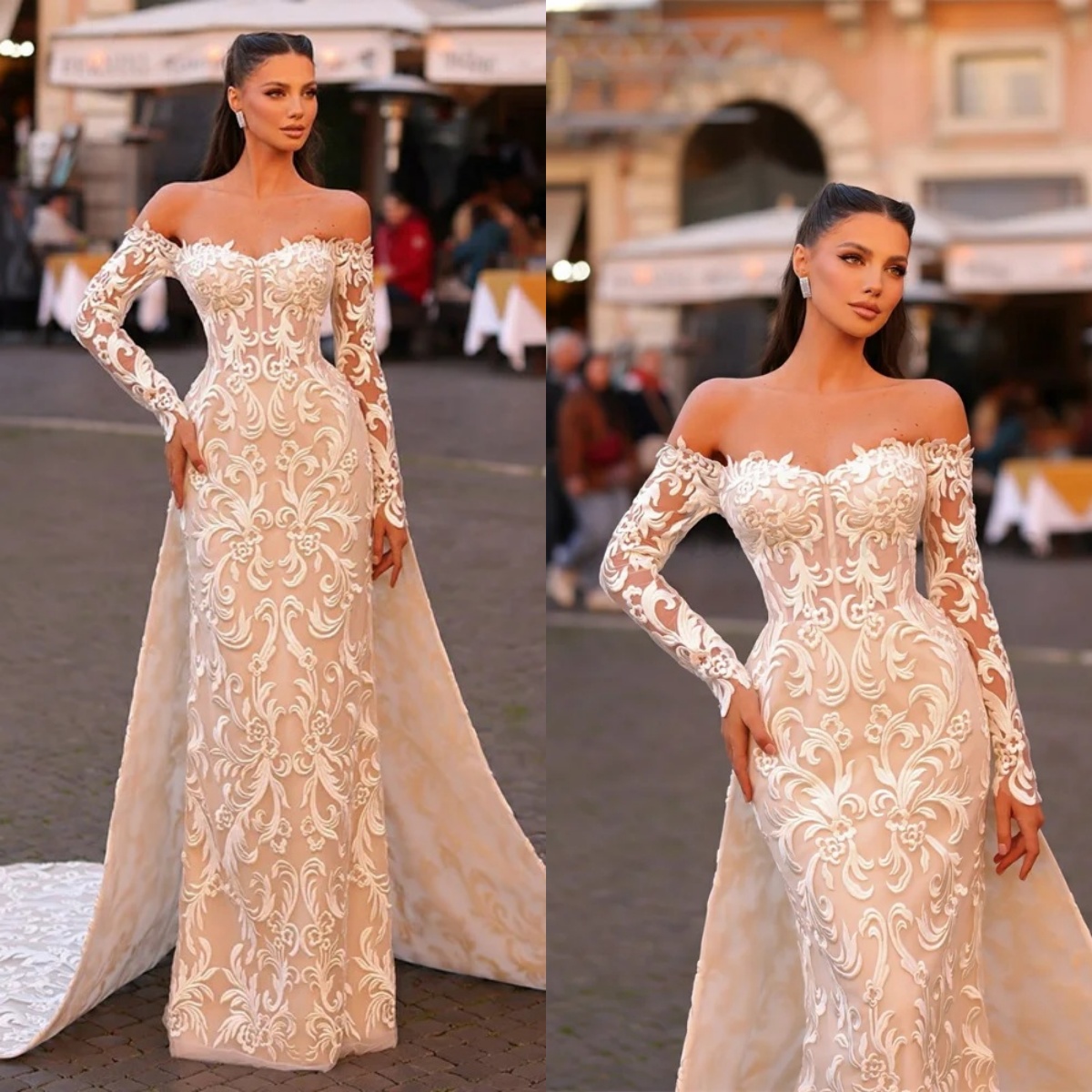 Classic Women Wedding Off Shoulder Long Sleeves Bridal Gowns Lace Detachable Train Dress Custom Made