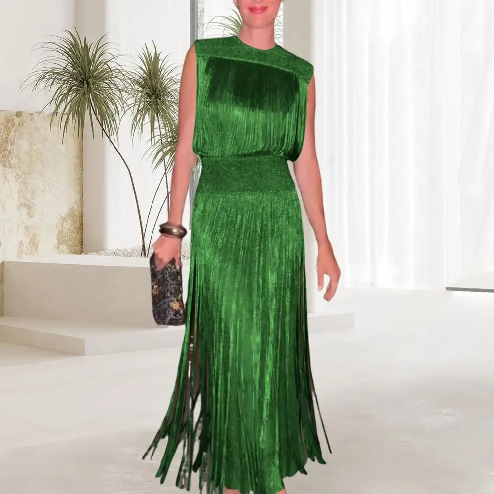 Womens round neck dress sexy Bodycon Maxi Prom with tassel details evening party womens wear 250320