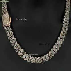 Kibo Iced Out Pure Sier Necklace Gra Vvs 15mm Two Tone Style Baguette and Round Cut Moissanite Cuban k Chain