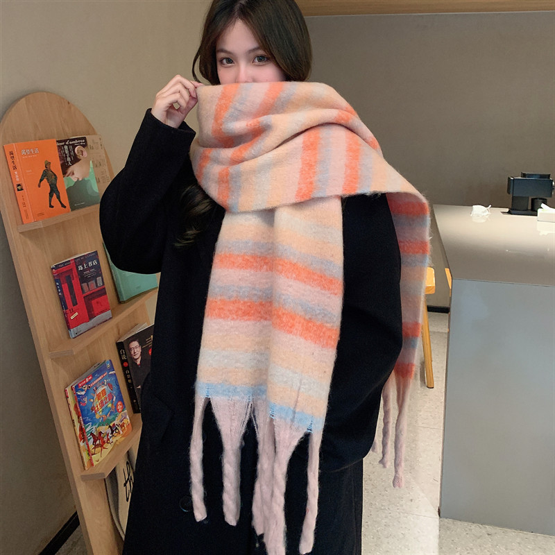 K200 Circle yarn scarf autumn and winter new thickened men and women's same style imitation cashmere tassel thick braid dog tail striped scarf